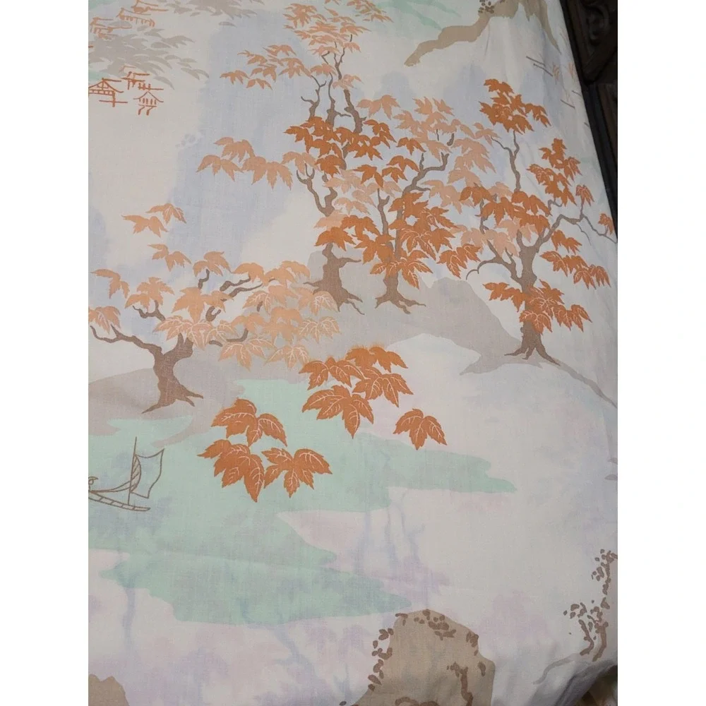 Vintage Asian-Inspired Full Flat & Fitted Sheets Set With Scenic Mountain & Tree